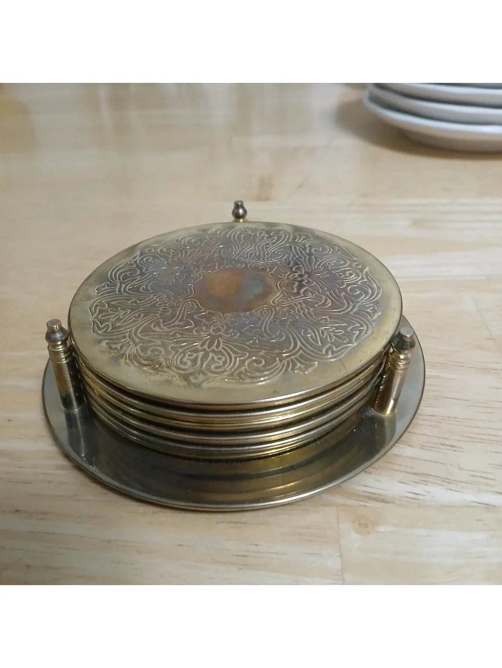 VTG Set of 6 Brass Plated Coasters with Holder Etched Scroll Design HK